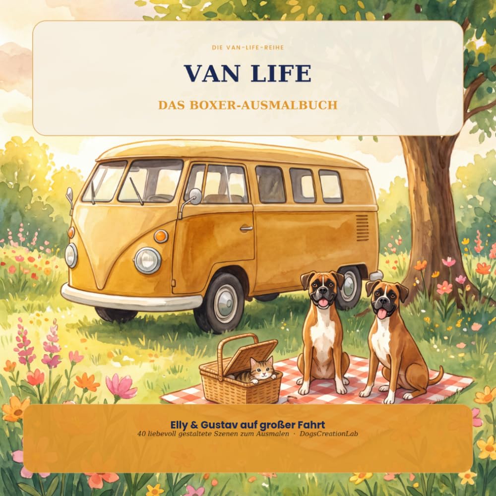 Buchcover: VAN LIFE – Das Boxer-Ausmalbuch: Elly & Gustav – 40 liebevoll gestaltete Motive für Boxer-Fans